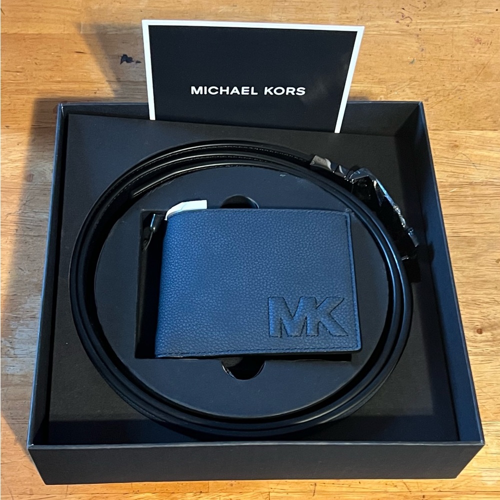 Michael Kors Black MK Logo Belt Buckle with Leather Wallet